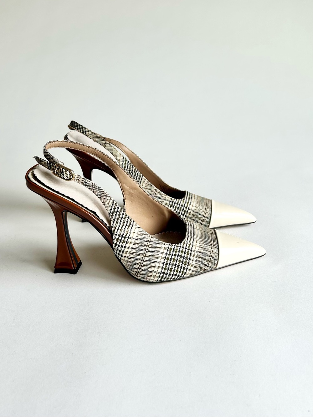 Sam Edelman Beige Brown Patent Leather Textile Point Toe Slingbacks size 6.5 - Picture 2 of 16